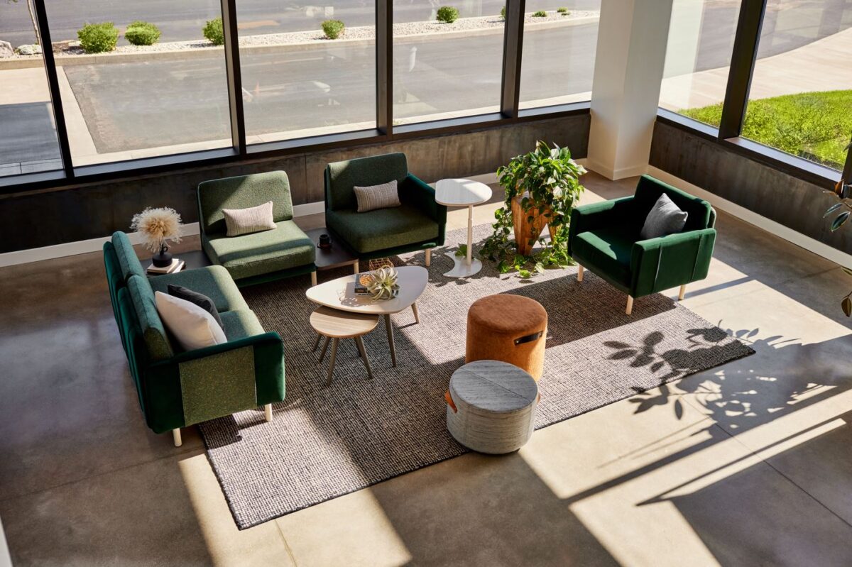 Kimball lounge green chairs and gray mat